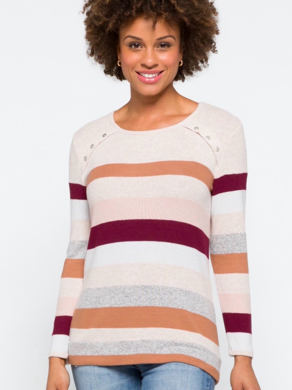 Market & Spruce Striped Crewneck Sweater in Cream, Rust, Burgundy, Pink & Gray